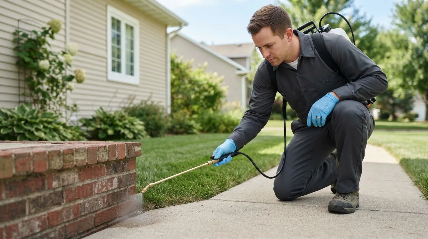 Pest control technician treating a home near Shawboro, NC